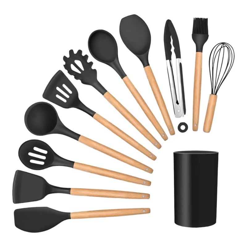 Kit 12 peças de utensílios para cozinha em silicone e cabo de madeira