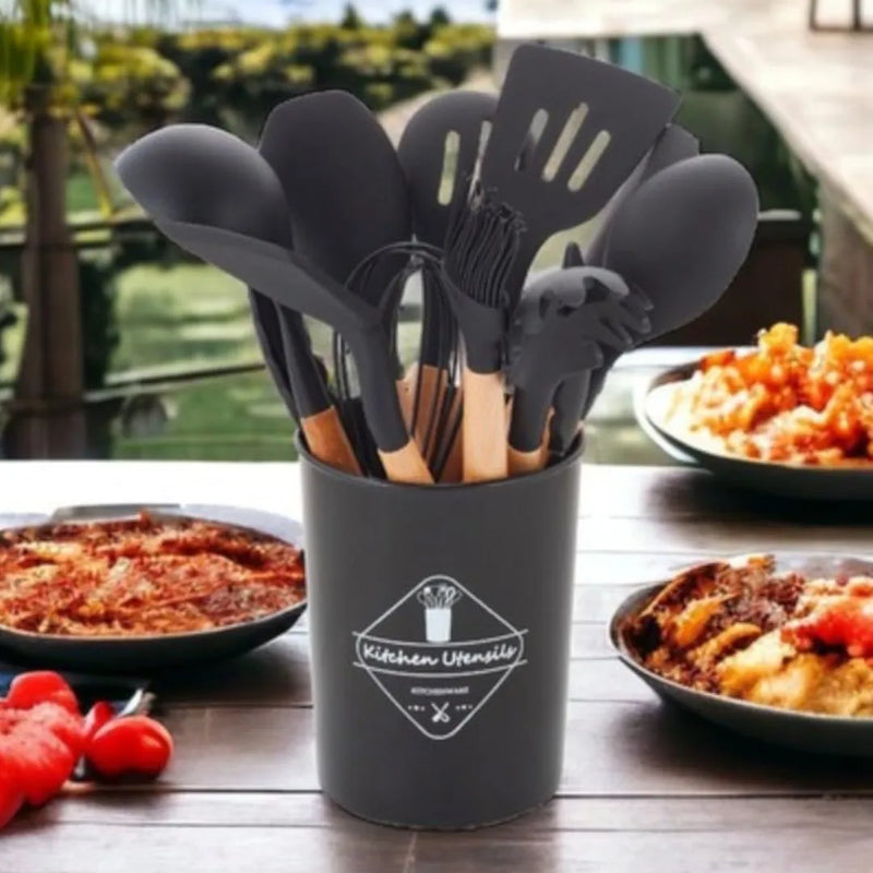 Kit 12 peças de utensílios para cozinha em silicone e cabo de madeira