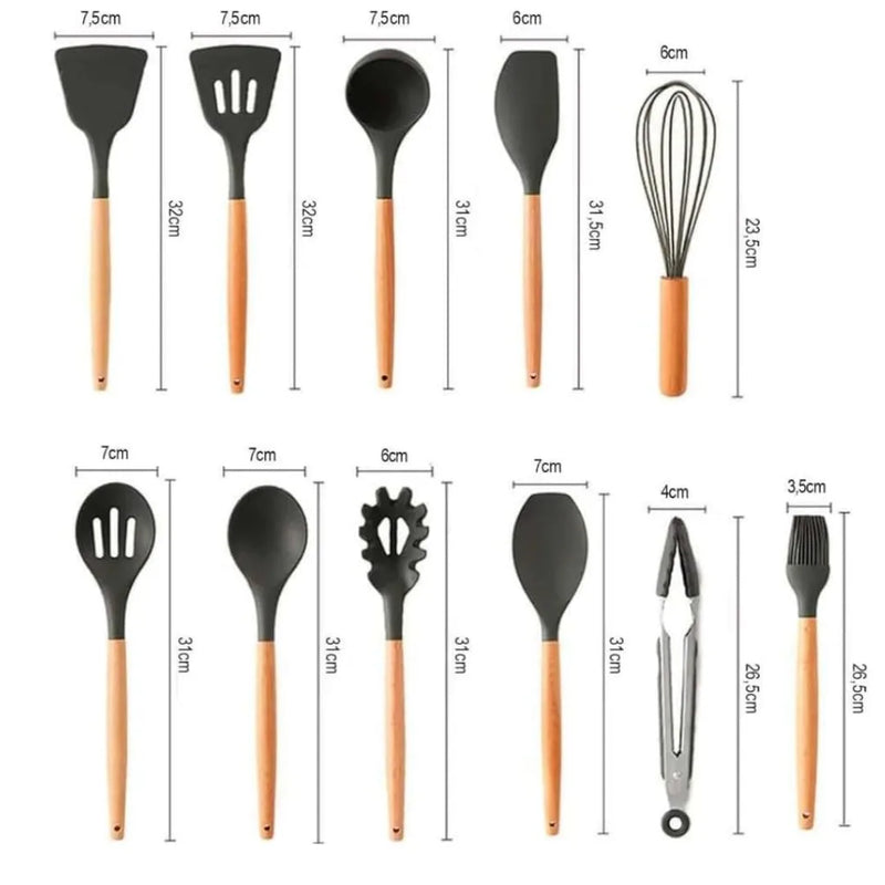 Kit 12 peças de utensílios para cozinha em silicone e cabo de madeira