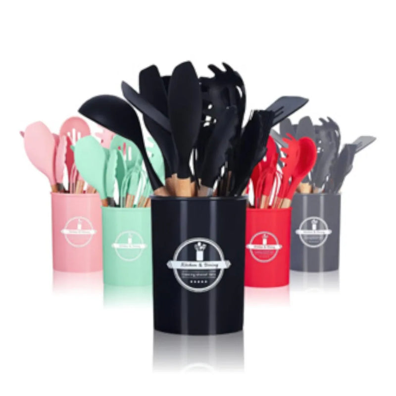 Kit 12 peças de utensílios para cozinha em silicone e cabo de madeira